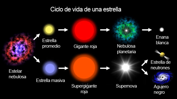 Diapositiva que explica el ciclo de vida de las estrellas